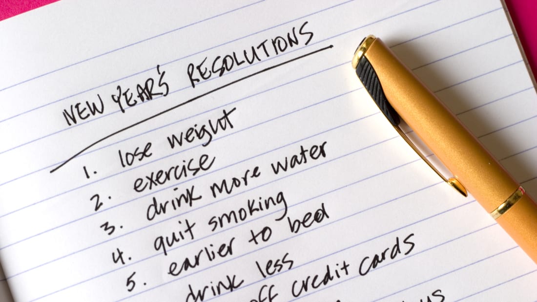 list of new years resolutions to better self; drink more water, lose weight, exercise, quit smoking, earlier to bed